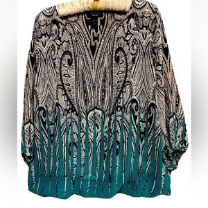 Alfani Top L Cute Silky Layered Paisley Print Black Teal Shirt Blouse Bubble Hem